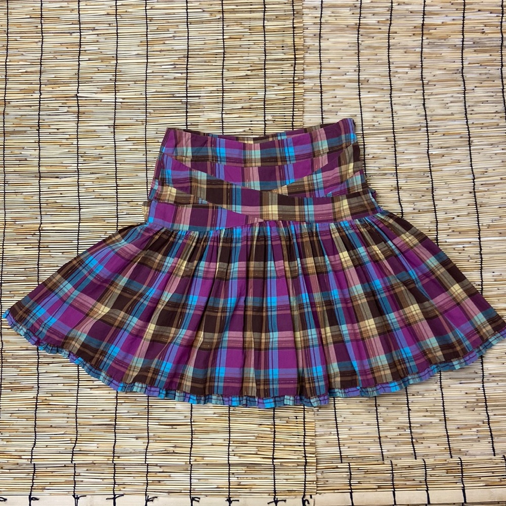 Kenzie girl, drop waste, pleated pink, brown plaid mini skirt 90s Y2K Size 5 EUC